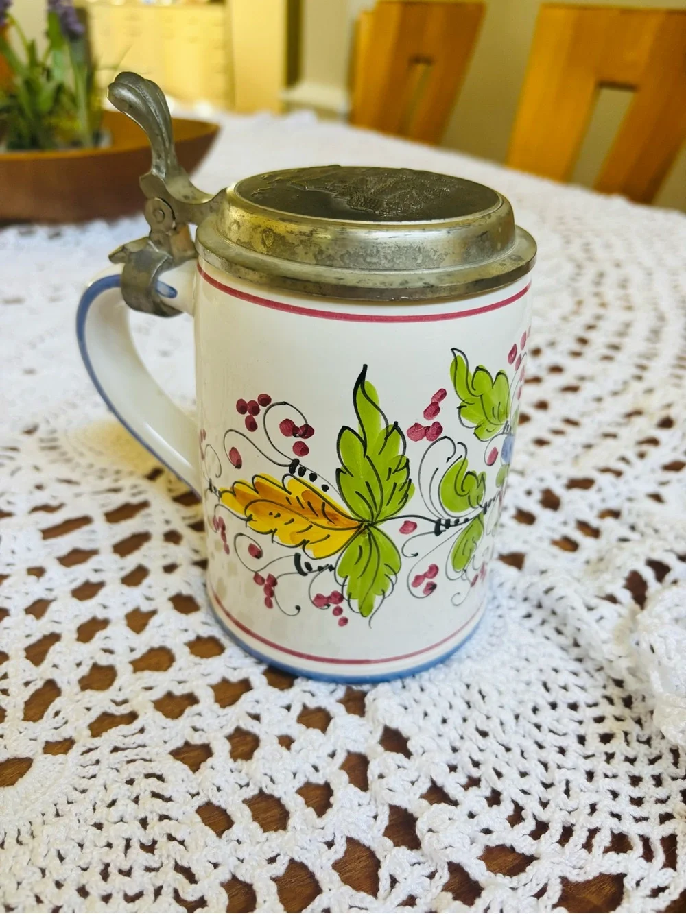 Vintage Signed Ceramic German Beer Stein with Pewter Lid - Floral Leaf Design